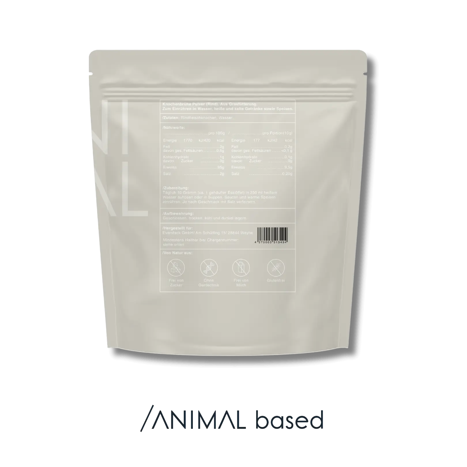 Nutritional Information for Animal Based Beef Bone Broth, 500 grams (50 servings)