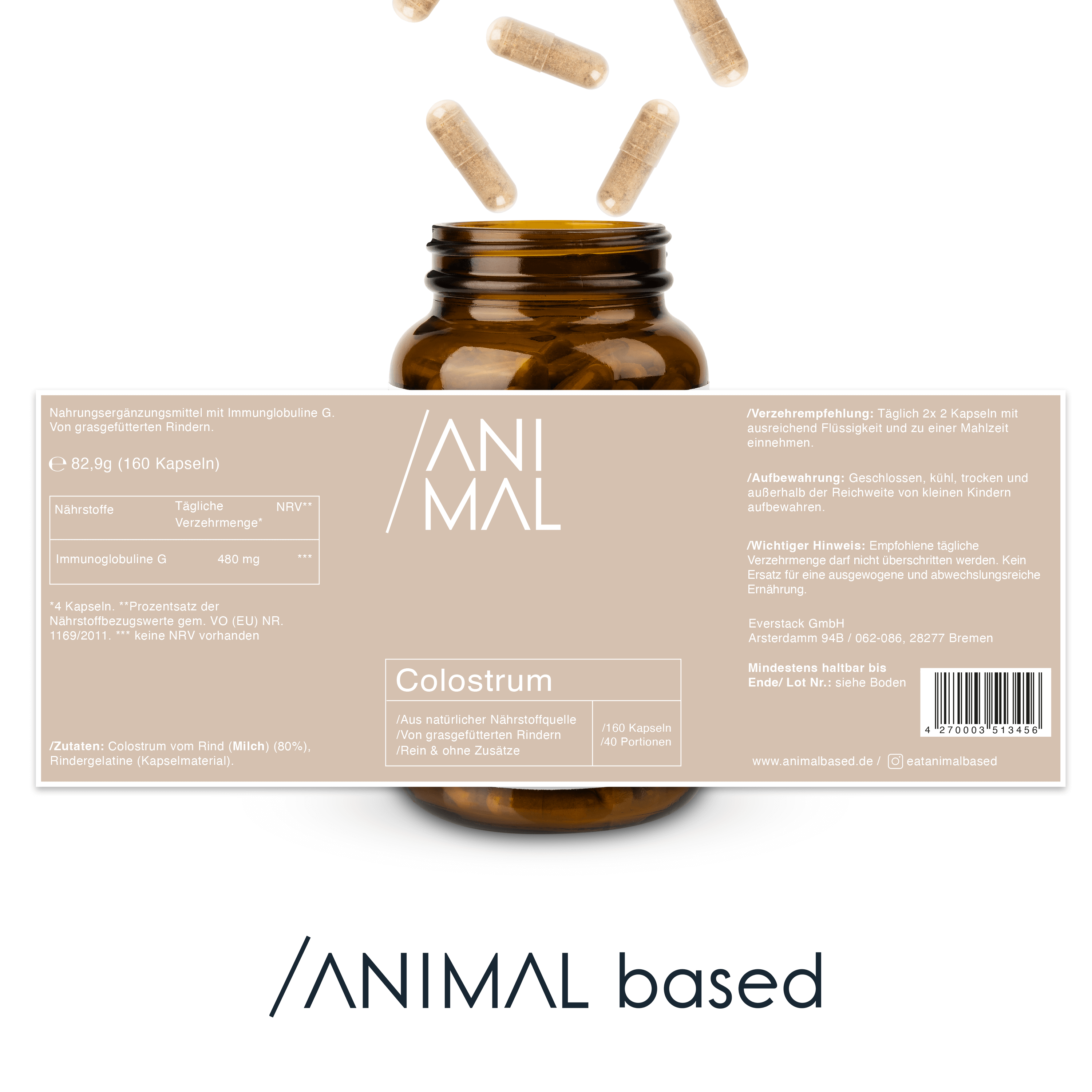 Nutritional information for Animal Based Beef Colostrum Capsules, 240 capsules for 30 servings