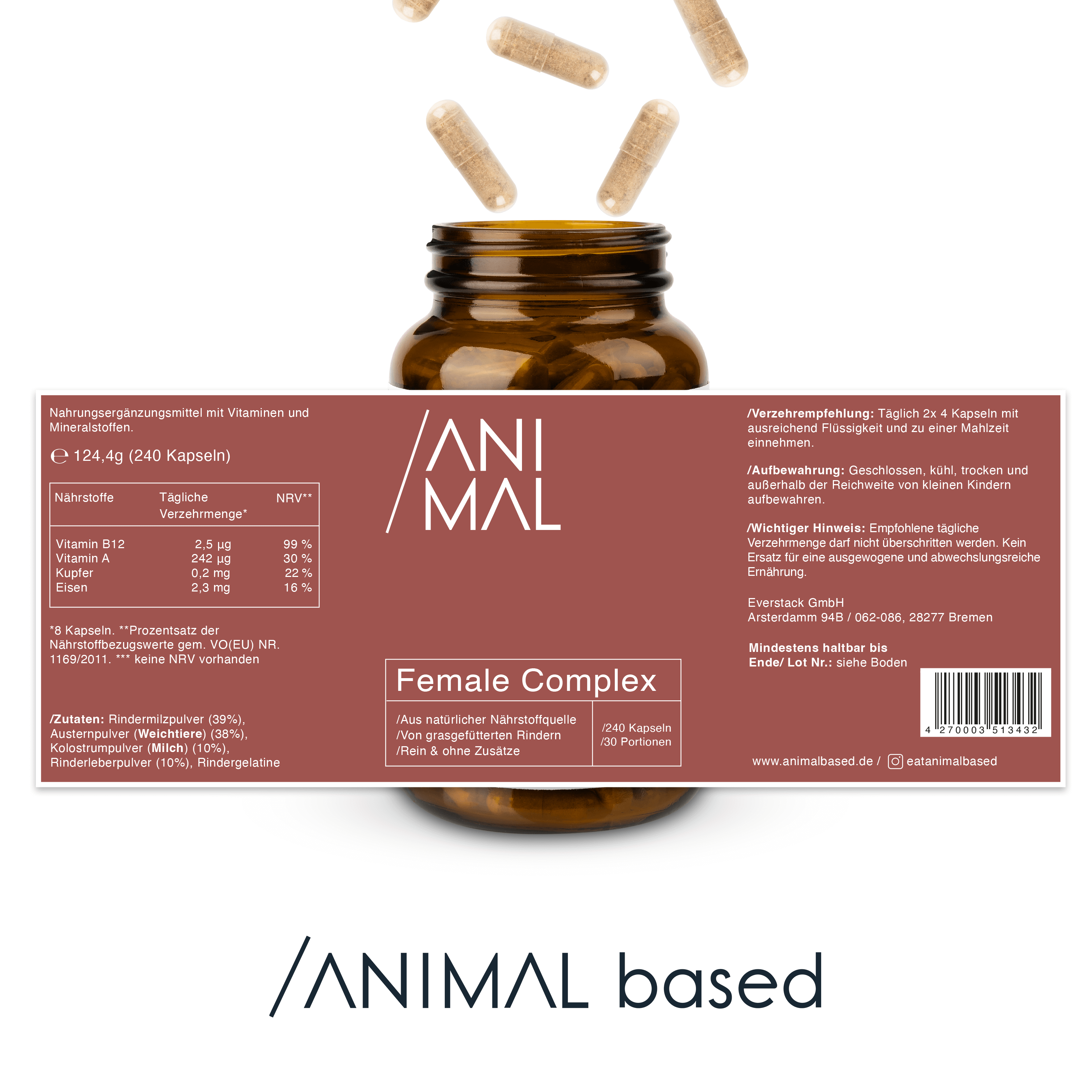Nutritional information for Animal Based Female Complex Capsules, 240 capsules for 30 servings