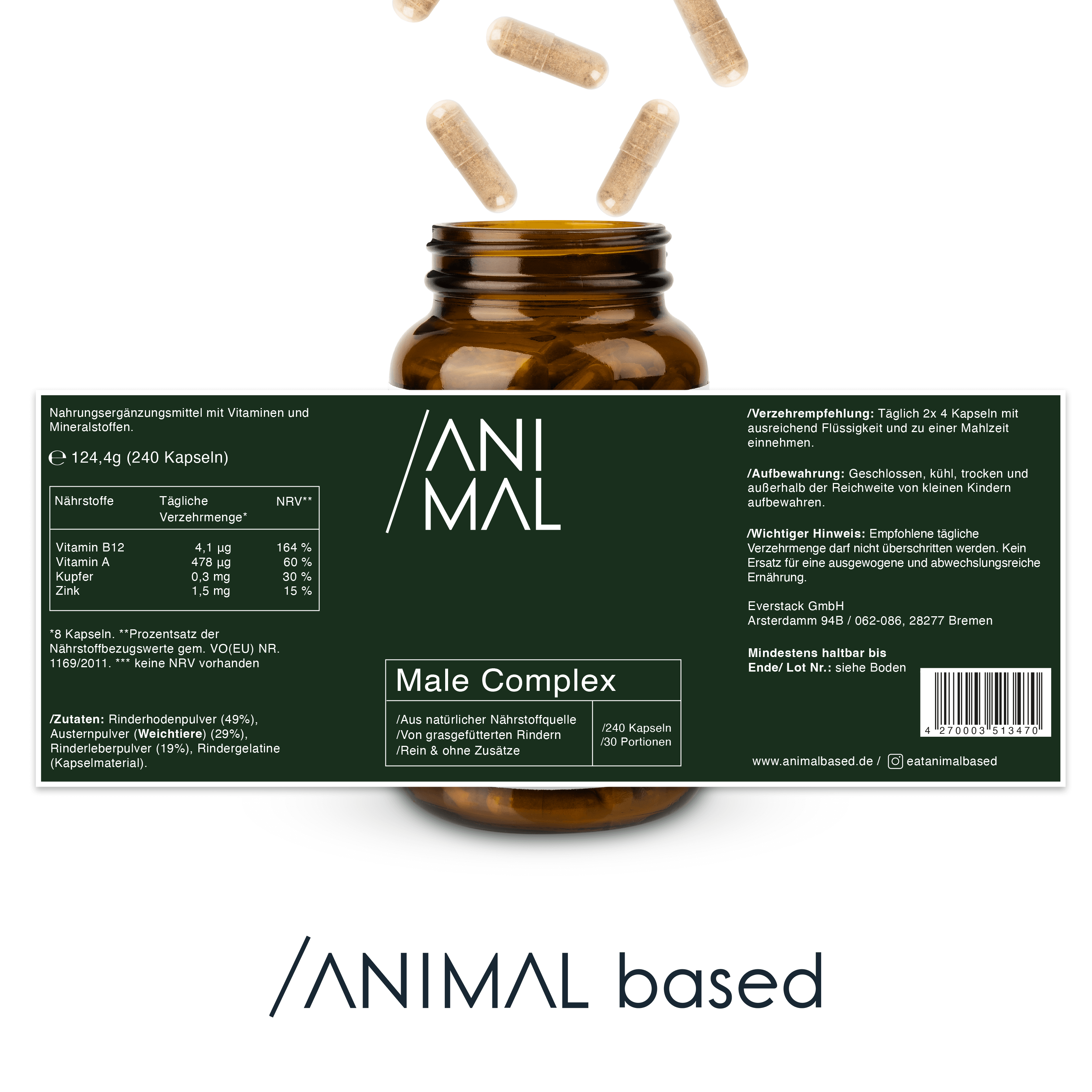Nutritional information for Animal Based Male Complex Capsules, 240 capsules for 30 servings