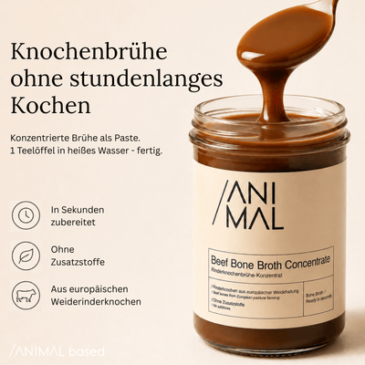 Animal Based Knochenbrühe-Konzentrat vielseitig verwendbar für Suppen, Saucen, Reis, Pasta oder als warme Tasse Brühe.