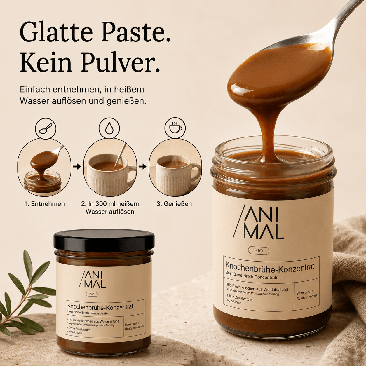 220 g Animal Based Knochenbrühe-Konzentrat ergeben ca. 4,4 Liter Brühe und etwa 22 Portionen.
