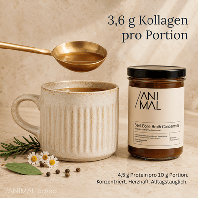 Animal Based Rinderknochenbrühe-Konzentrat mit 3,6 g Kollagen und 4,5 g Protein pro 10 g Portion.