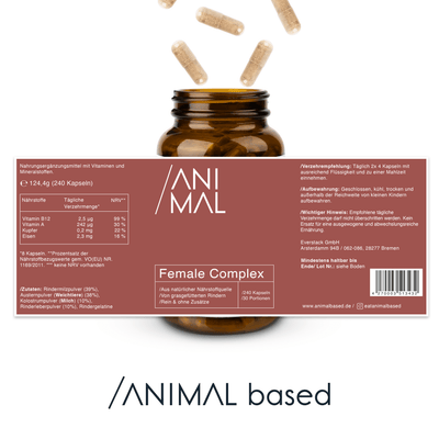 Nutritional information for Animal Based Female Complex Capsules, 240 capsules for 30 servings