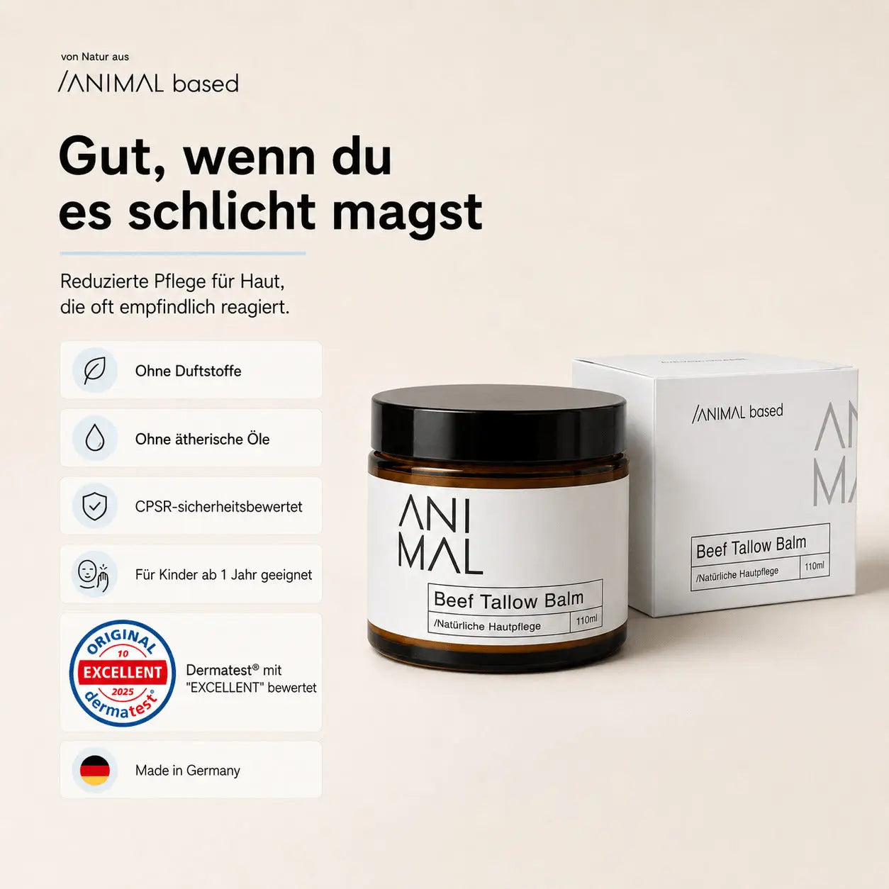 Beef Tallow Balm von Animal Based – nachhaltige Hautpflege mit Halal und Dermatest Siegel, handgefertigt in Deutschland
