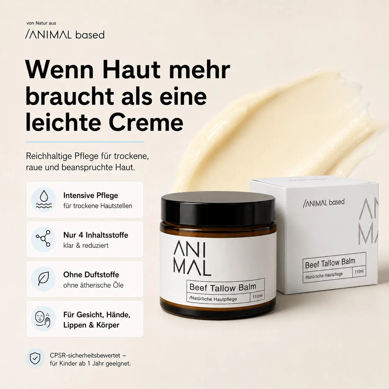 Animal Based Beef Tallow Balm – 100 Prozent natürliche Hautpflege für trockene und empfindliche Haut