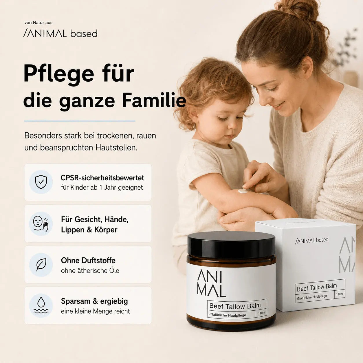 Natürliche Inhaltsstoffe im Beef Tallow Balm – Rindertalg, Olivenöl, Bienenwachs und Vitamin E von Animal Based