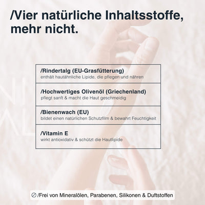 Natürliche Inhaltsstoffe im Beef Tallow Balm – Rindertalg, Olivenöl, Bienenwachs und Vitamin E von Animal Based